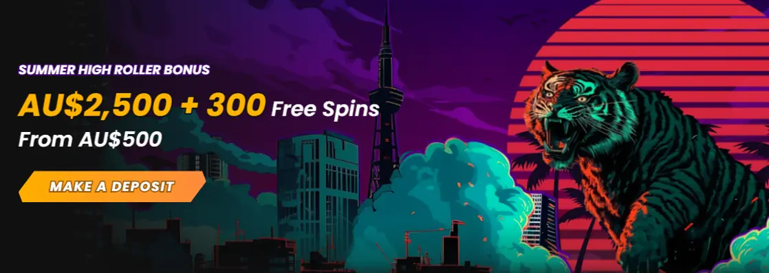 Wild Tokyo bonus overview banner — 250% up to AU$5,300 + 600 Free Spins in the neon Tokyo style, coins and free-spin icons around it