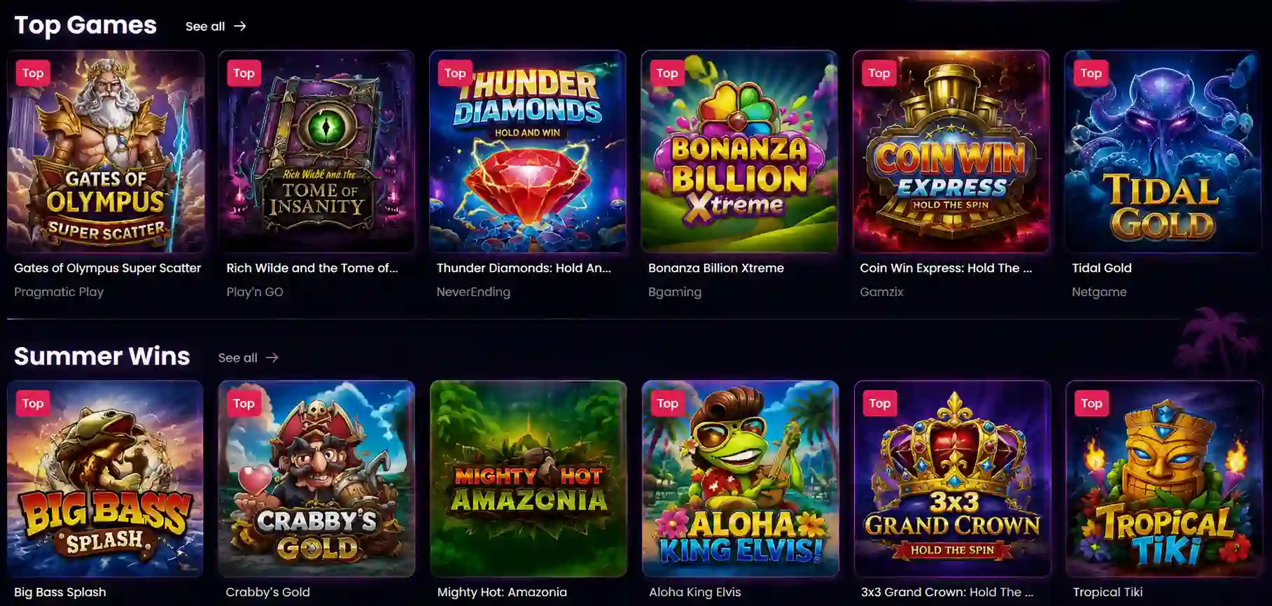Wild Tokyo Casino pokies lobby featuring Gates of Olympus and Big Bass titles