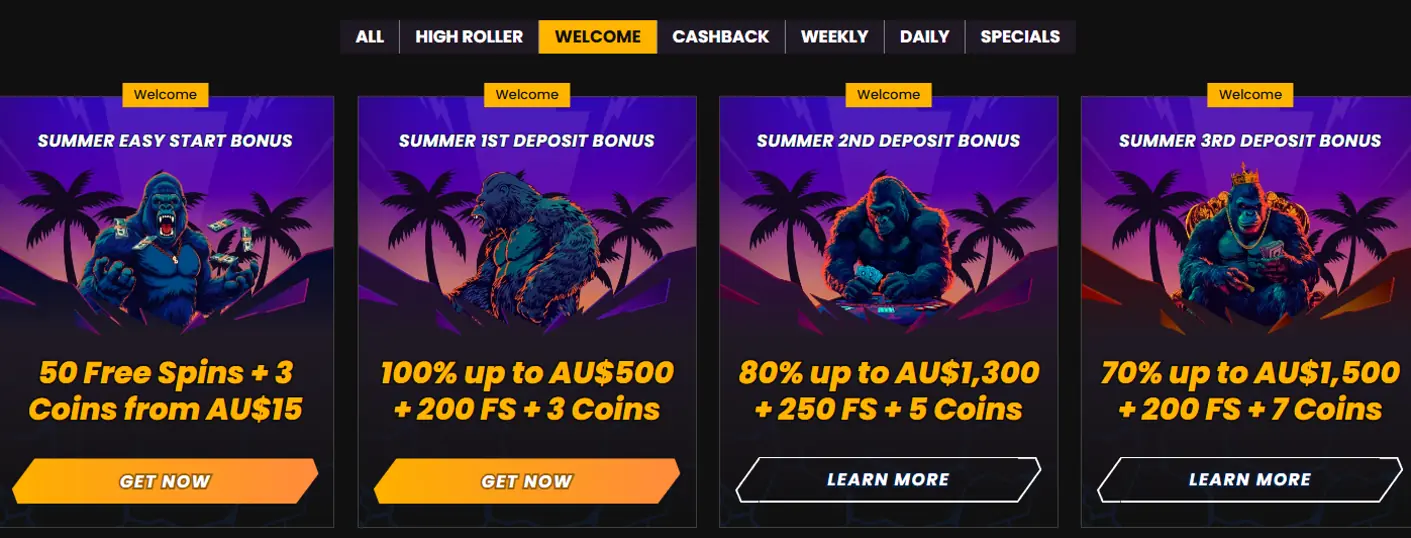 Wild Tokyo Casino first-deposit choice between High Roller, Easy Start and Welcome offers with free spins and coins